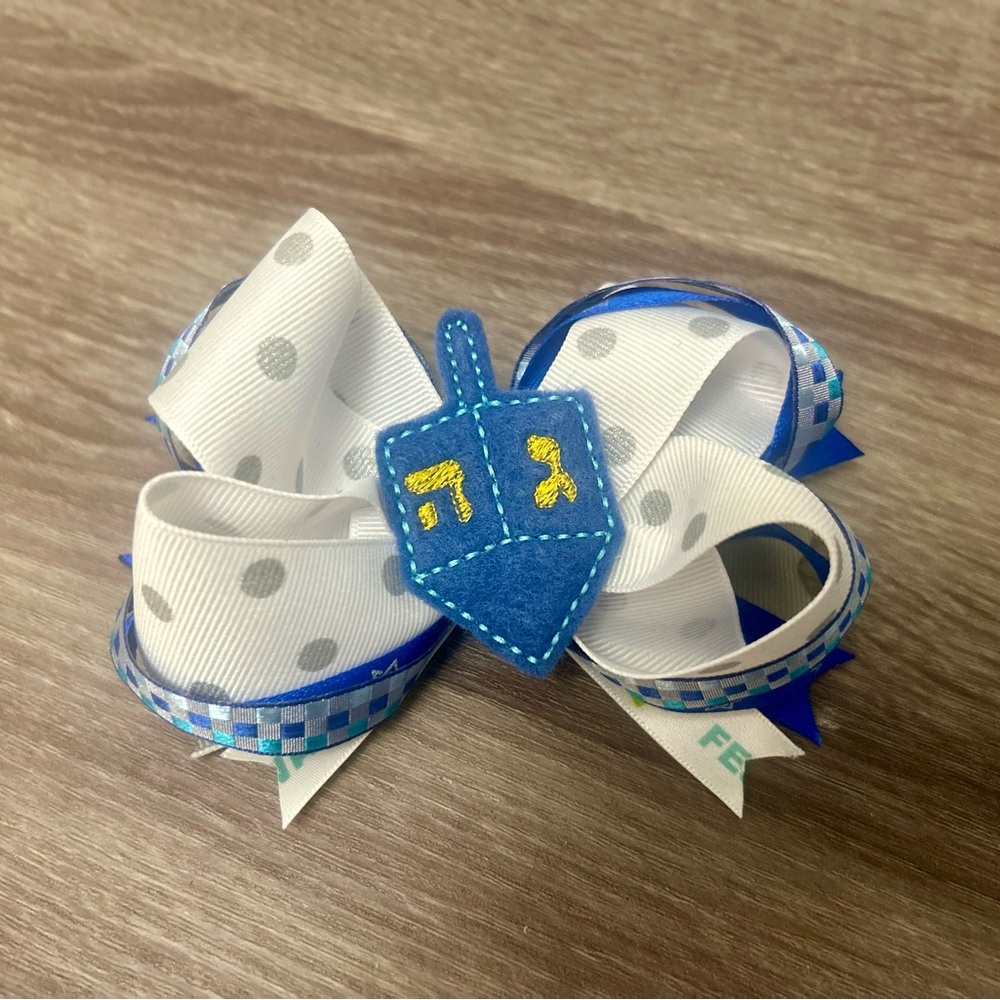 Hanukkah Blue and White Dreidel Hair Bow